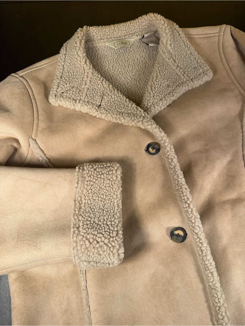 L.L. Bean Faux Suede Sherpa Lined Long Coat Jacket Tan Cream Women's Large